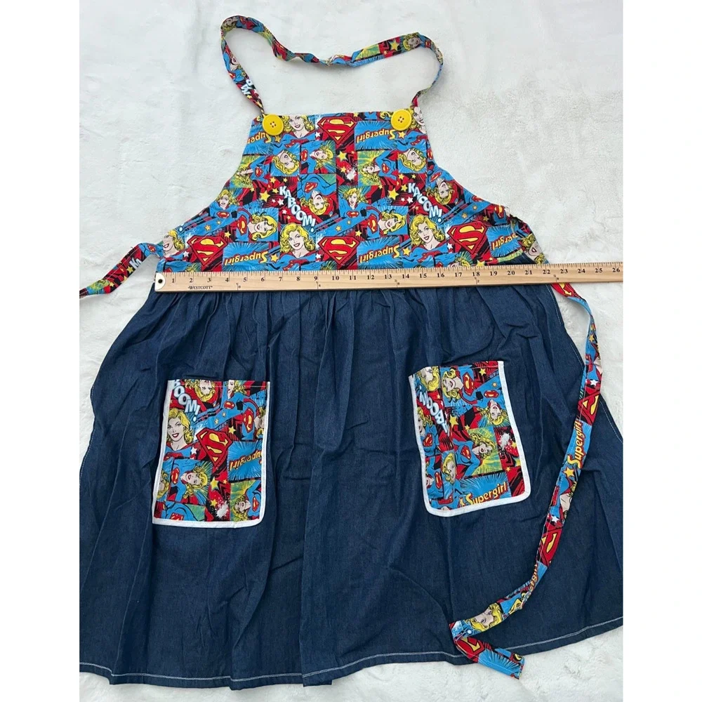 Supergirl Womens Apron Comic Print Denim Blue Handmade Kitchen Cooking Pockets